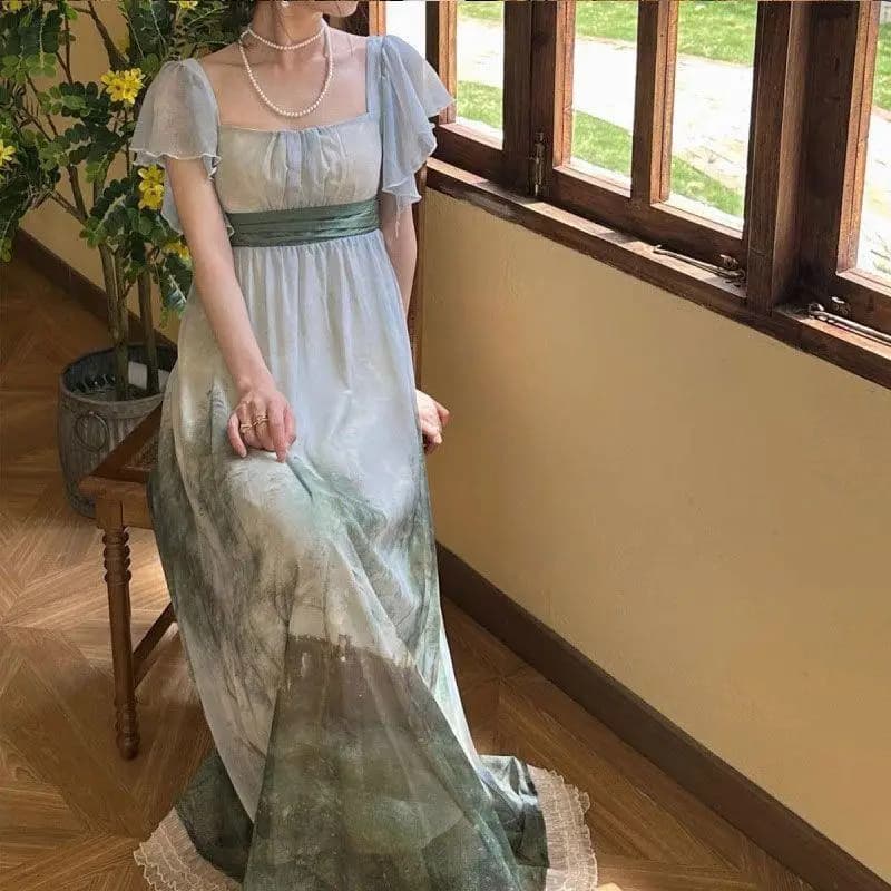 Robe longue rétro française à col carré, manches courtes, Streetwear pour femmes, imprimé à lacets, 
