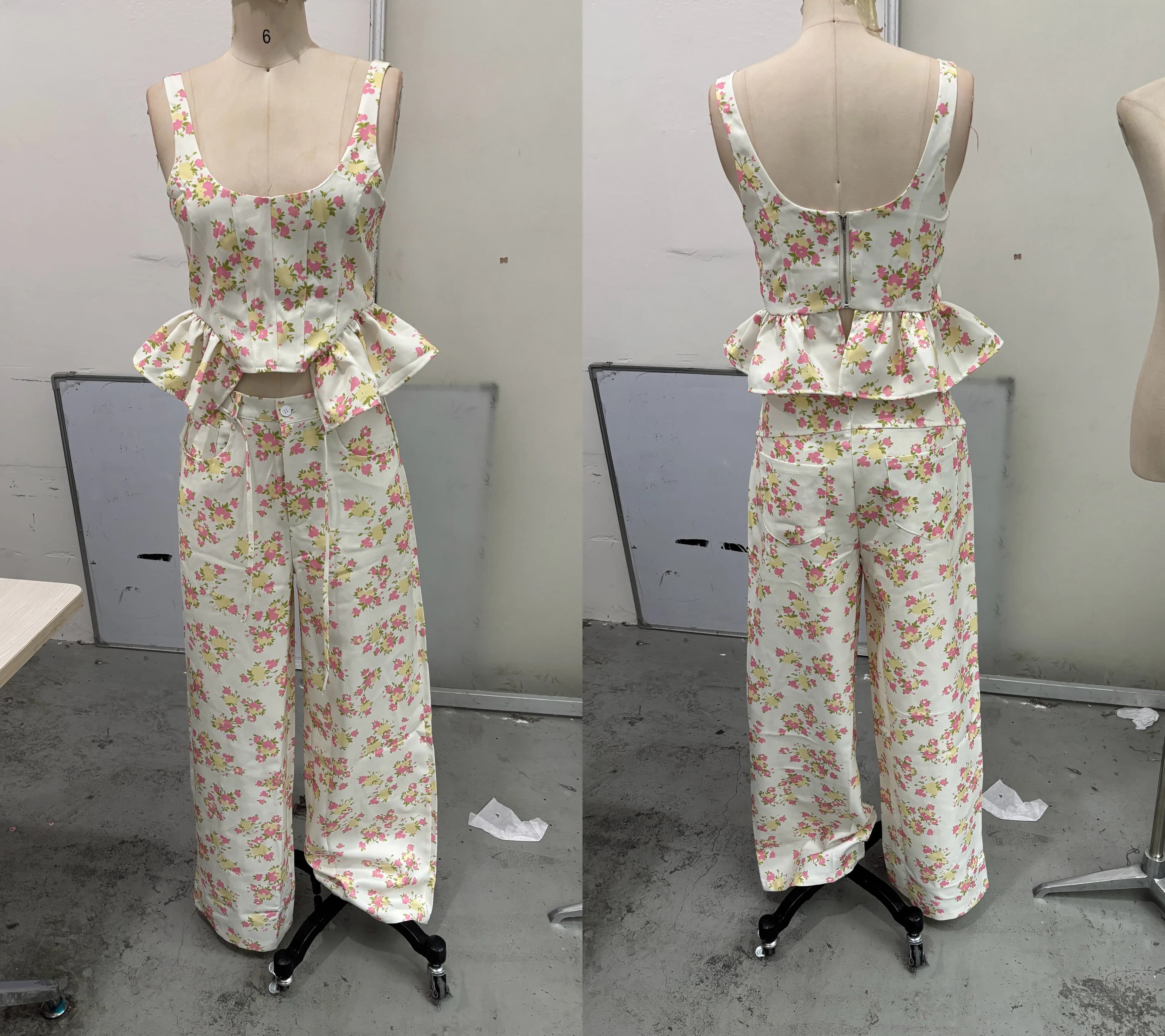 Ensemble élégant imprimé pour femme : débardeur à volants sans manches et pantalon large – Tenue de 