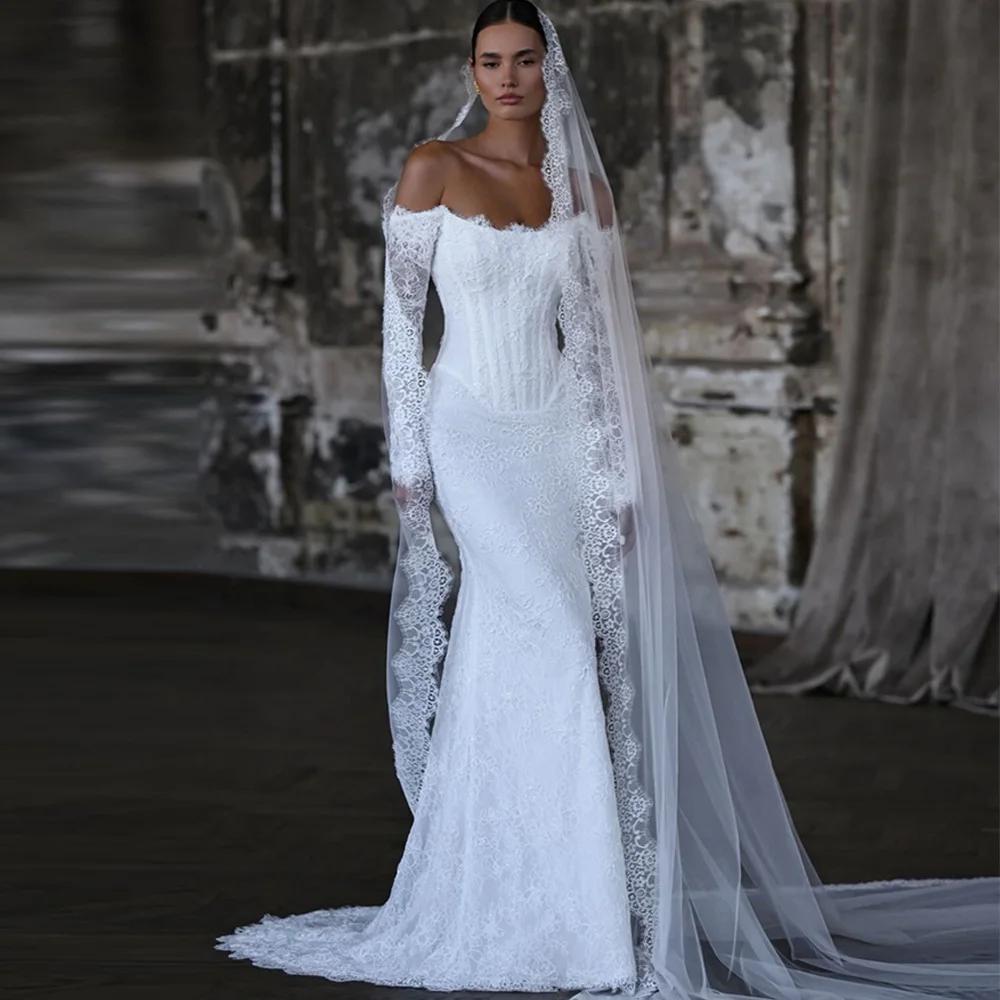 Robe de mariée à manches longues et col bateau, avec appliques en dentelle, robe de mariée sirène pe
