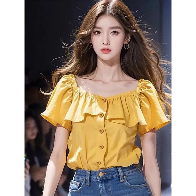 Chemise à manches courtes et col carré jaune pour femme, nouveau haut d'été
