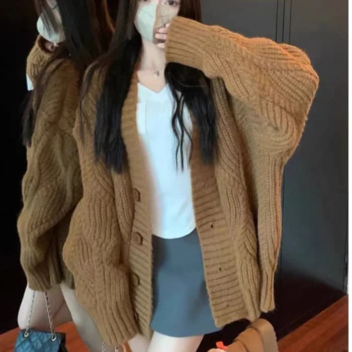 Veste pull pour femme, Cardigan tricoté ample rétro, automne et hiver
