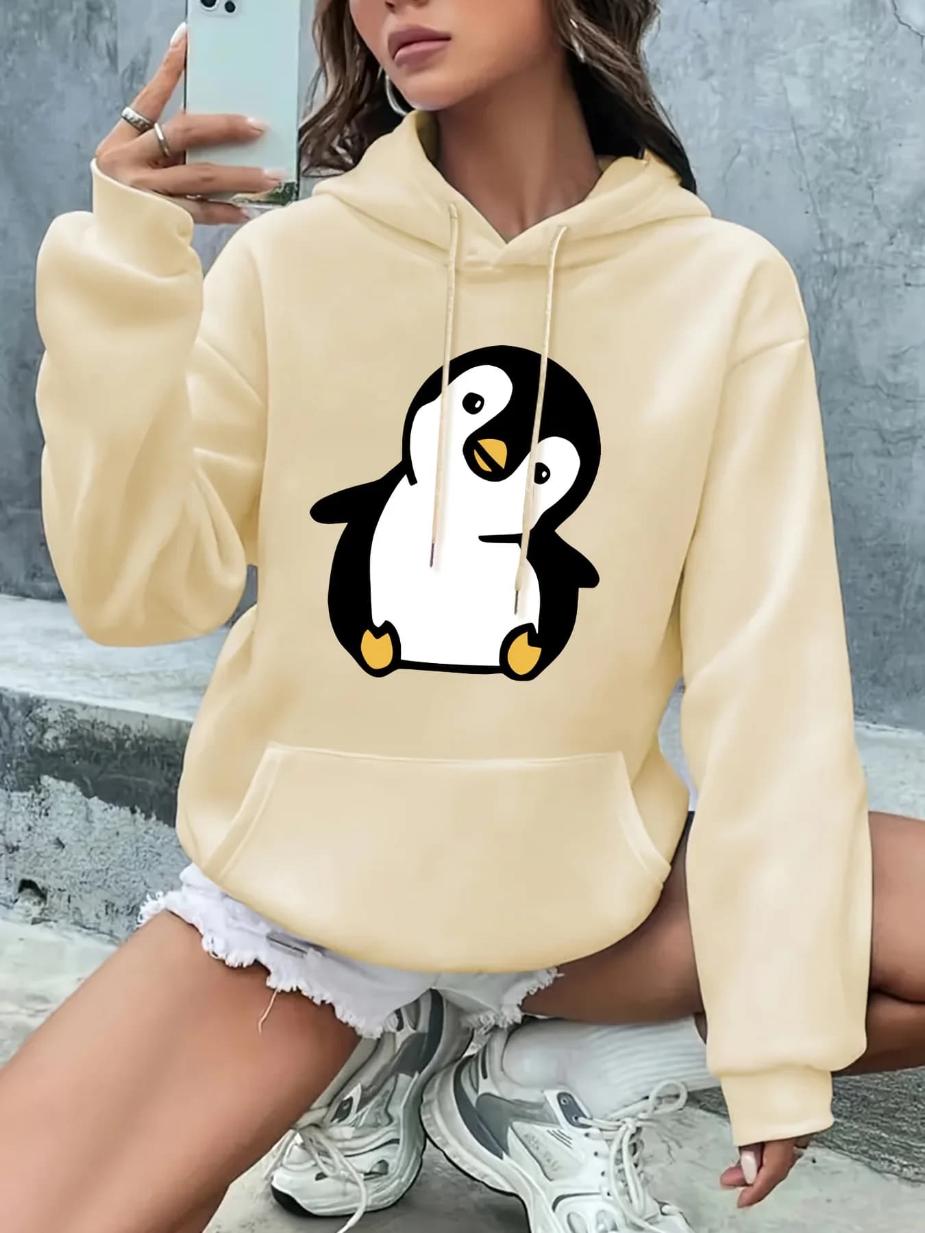 Sweat à capuche imprimé pingouin mignon pour femme, pull décontracté à manches longues, personnalité