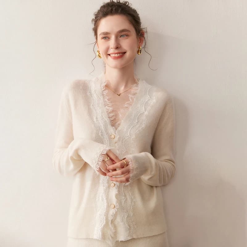 Cardigan en cachemire pur à 100 % pour femme, collection automne/hiver, pull décontracté en dentelle