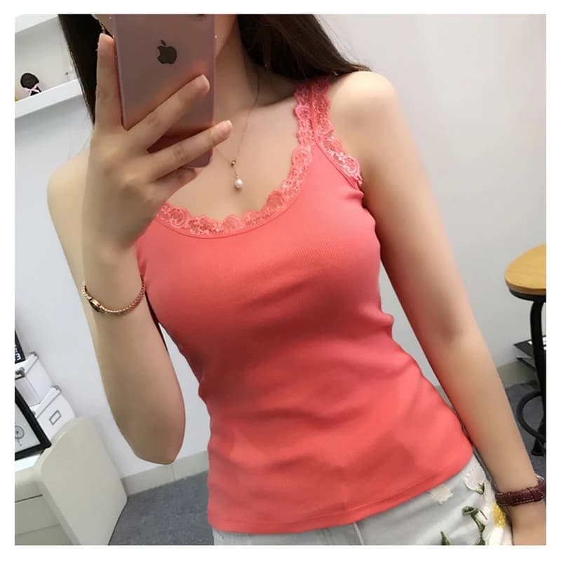 Débardeur d'été en coton pur pour femme, coupe ajustée, couleur unie, décolleté en U, bordure en den