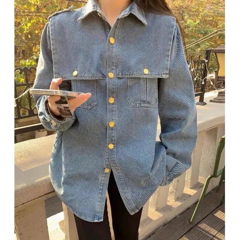Chemise-veste en denim à col polo vintage, design tendance pour femmes, printemps et automne, style 