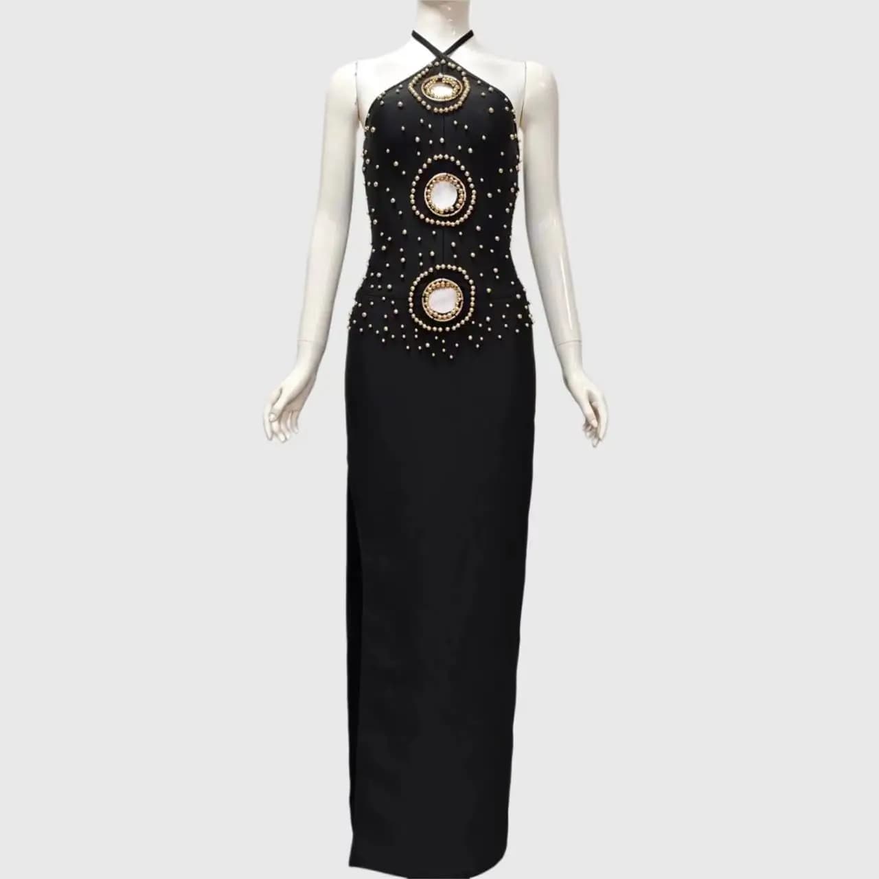 Robe de soirée noire à col haut sans manches pour femmes, robe élégante pour bal de promo, fête d'an