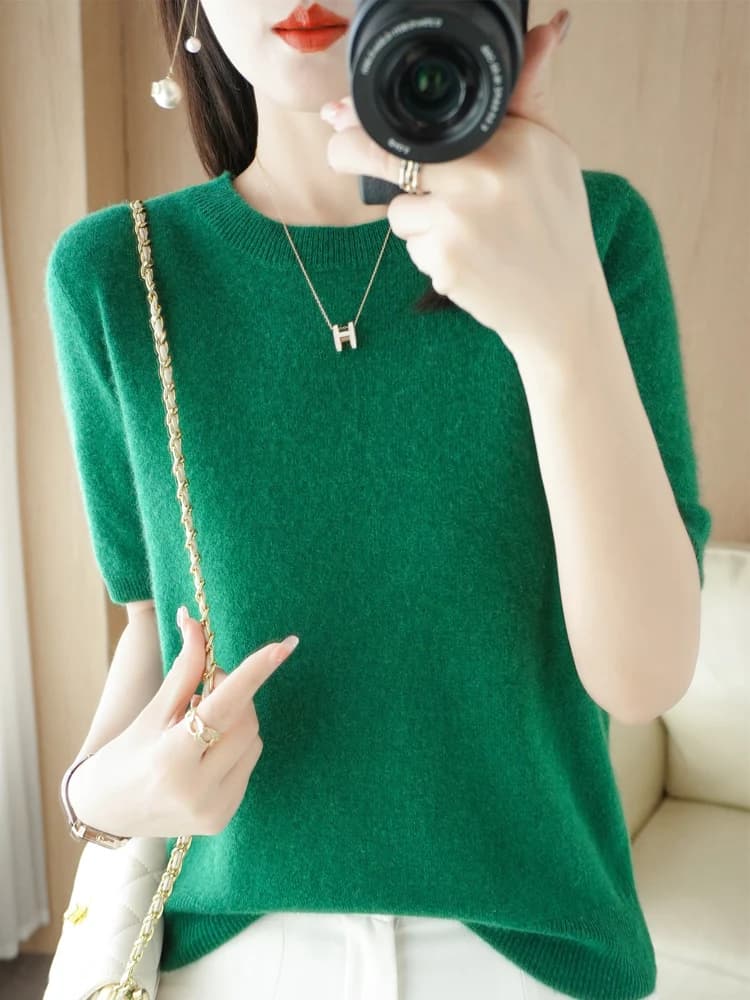 Pull en laine mérinos pour femmes, pull en cachemire, mode basique, col rond, tricot, manches courte