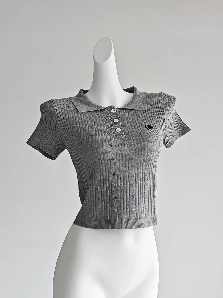 T-shirt à Manches Courtes et Col Polo Gris pour Femme, Vêtement Slim Fit, Style Coréen, Fille Épicée