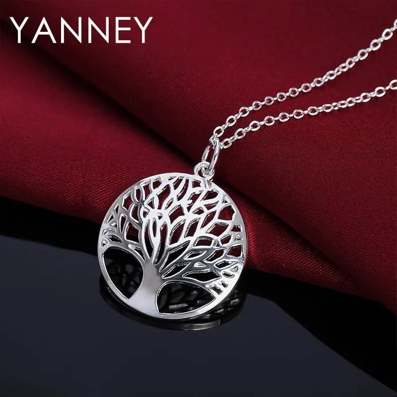 Collier arbre de vie rond en argent 925 de 18 pouces pour femmes, breloque à la mode, bijoux de fian