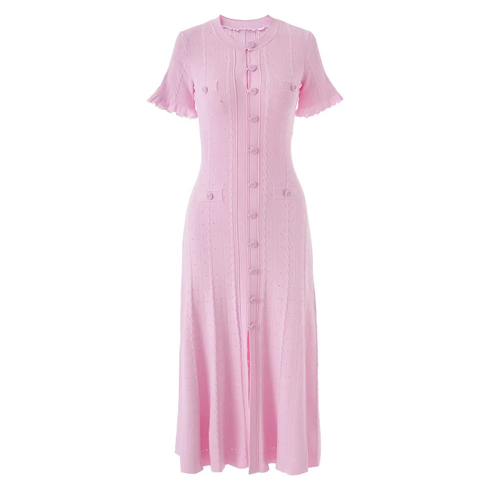Robe midi élégante de style français à manches courtes en maille côtelée, taille haute, à bouton uni