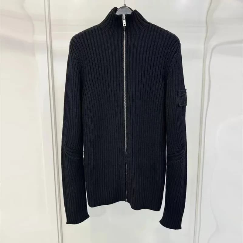 Pull en coton pur tricoté pour homme, coupe ajustée, style sombre, rayé, avec double fermeture éclai