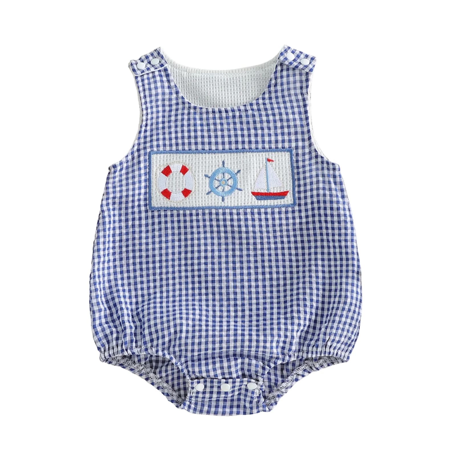 Combinaison pour bébé garçon, sans manches, col rond, broderie, imprimé à carreaux, combinaison pour