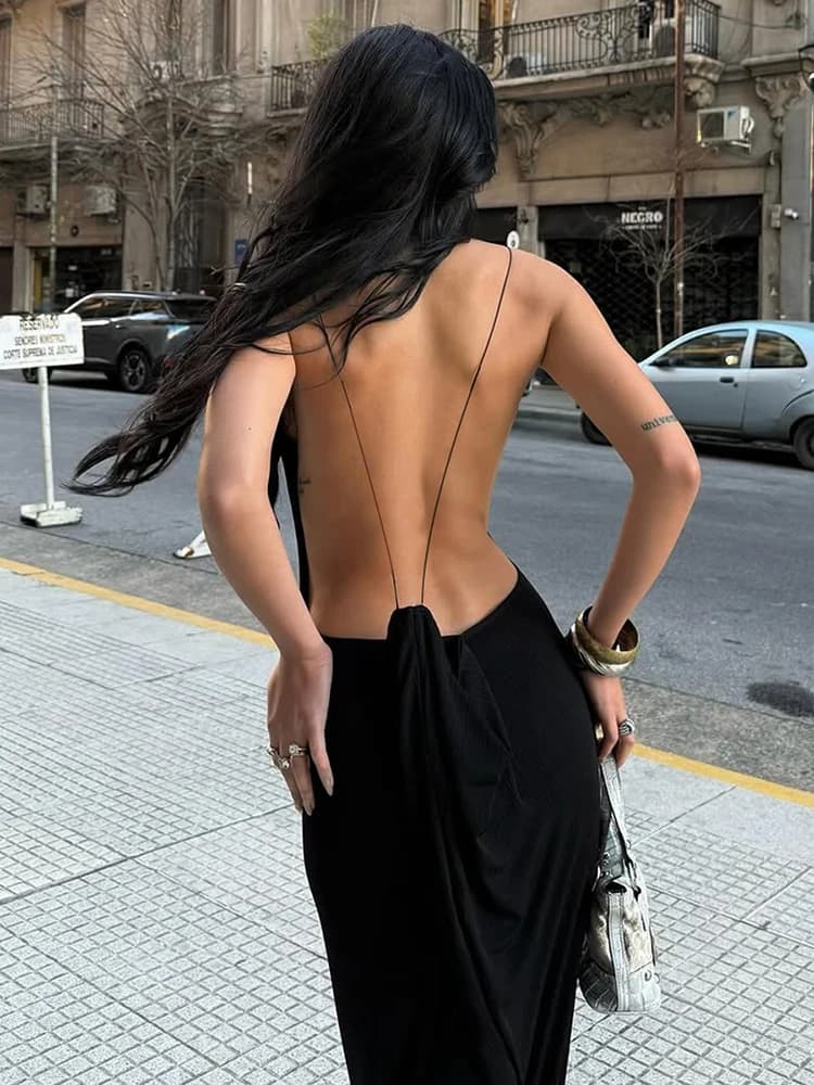 Sisterlinda Sexy croix dos nu robe femmes tendance métal Cube sans manches col bas Coquette minuit f