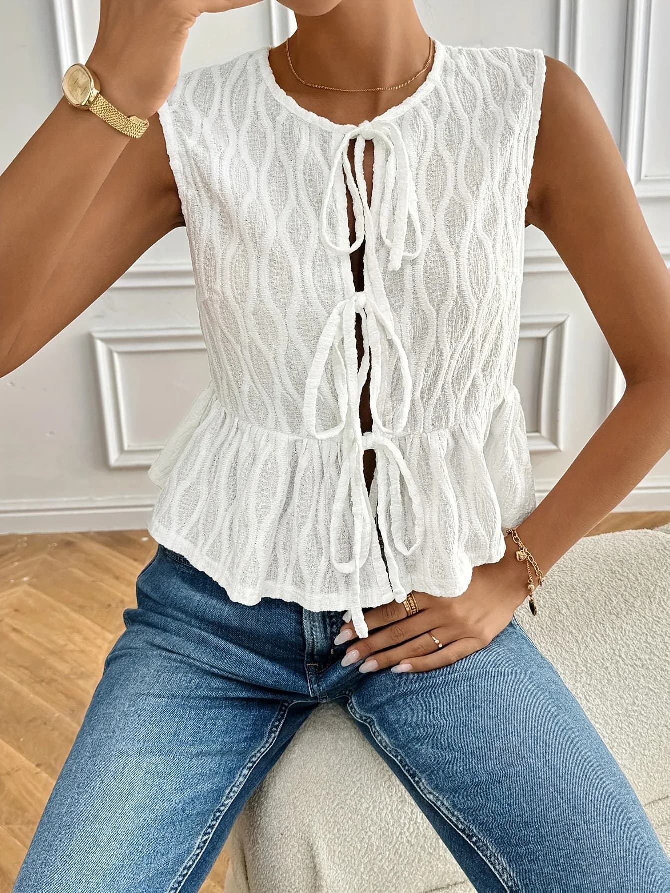 Article de vente chaude d'été, gilet à la mode pour femmes, cravate sur le devant, col rond décontra
