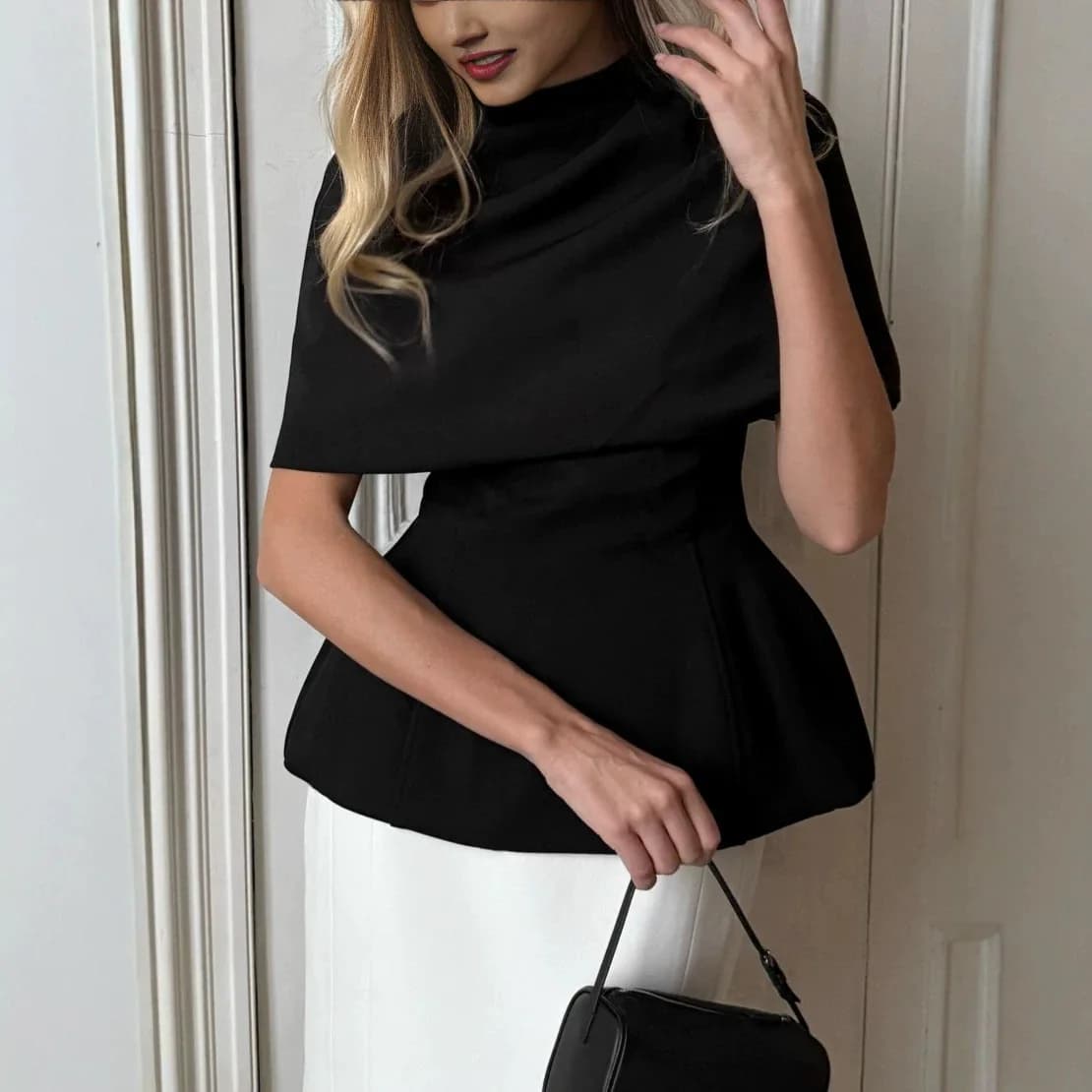 Ensemble deux pièces élégant noir pour femme, style châle français, collection été 2026, veste et gi