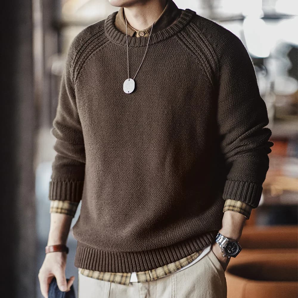 Maden nouveau Vintage lourd tricoté col rond pull marron chaud pull hommes haut polyvalent pour les 