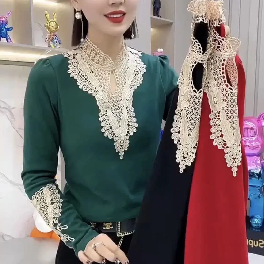 Chemisier élégant en patchwork de dentelle pour femmes, pulls à manches longues, High Street Hollow 