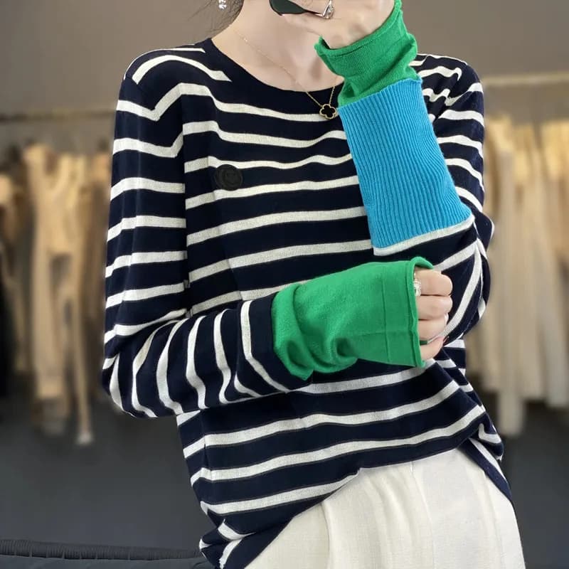 Pull rayé à col rond en laine pure pour femmes, pull épissé doux, haut décontracté en tricot, mode, 