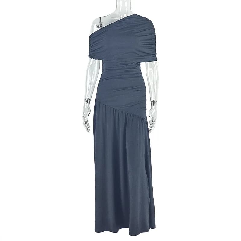 Robe longue asymétrique plissée à col diagonal et manches courtes pour femme, couleur unie
