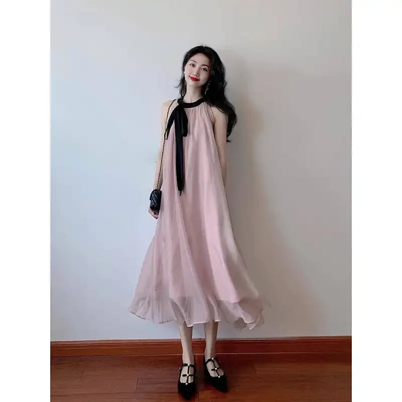 Robe longue sans manches, col licou, nœud, tempérament féminin, Niche, Style stationnaire doux, été