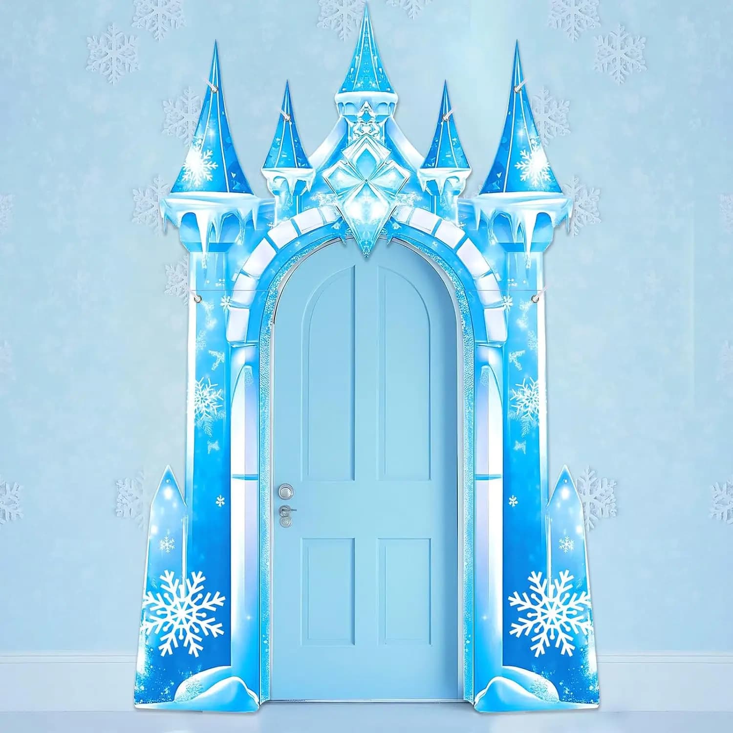 Bannière de porte de fête château de neige, flocon de neige de glace, arrière-plan de porte, décorat