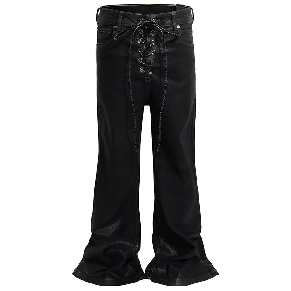 RO Style revêtement jean mode noir mince jean évasé avec rubans hommes Streetwear tendance Denim pan