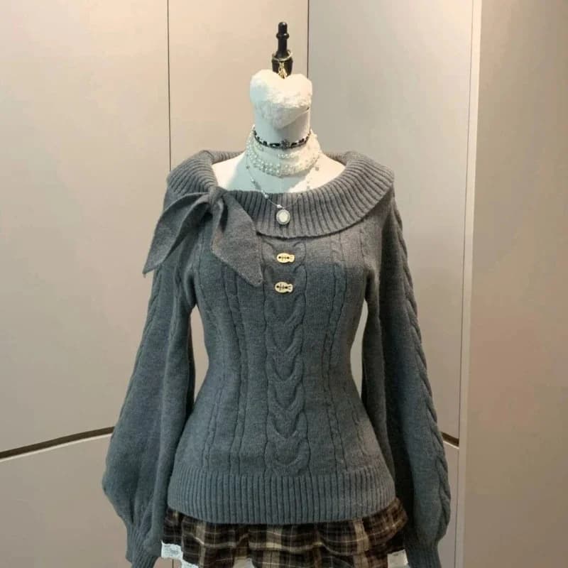 Pull à épaules dénudées avec nœud pour femme, haut tricoté, élégant, Sexy, à la mode, décontracté, Y