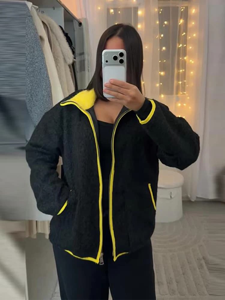 Cardigans tricotés contrastés pour femmes, manteau décontracté à fermeture éclair, manches longues, 