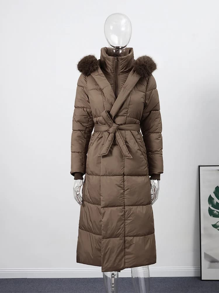 Manteau Long pour femmes, col en fausse fourrure, veste rembourrée à lacets, manches lanternes de lu