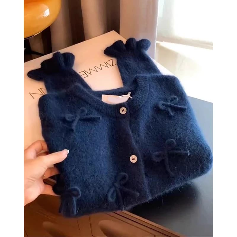 Cardigan bleu marine pour femme, pull Harajuku Y2k, pull en cachemire à col rond, manches longues, p