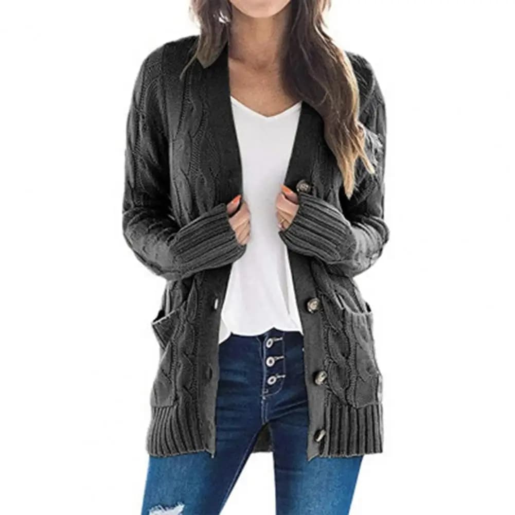 Veste en tricot torsadé boutonné à manches longues pour femmes avec poche, cardigan coupe adt, mante