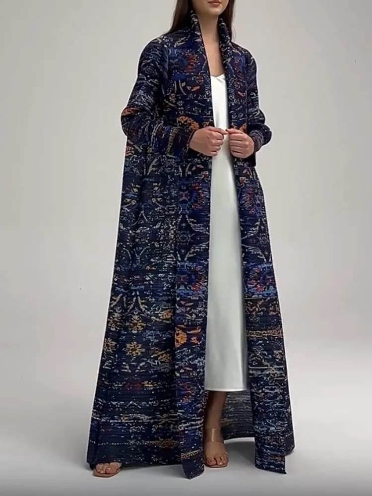 LANMREM-Robe imprimée bleu marine plissée pour femme, coupe-vent long avec manches, mode de luxe fém