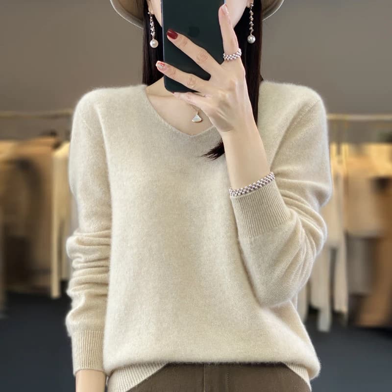 Nouveau 100% pull en pure laine mérinos en automne et en hiver femmes col en v tricoté à manches lon