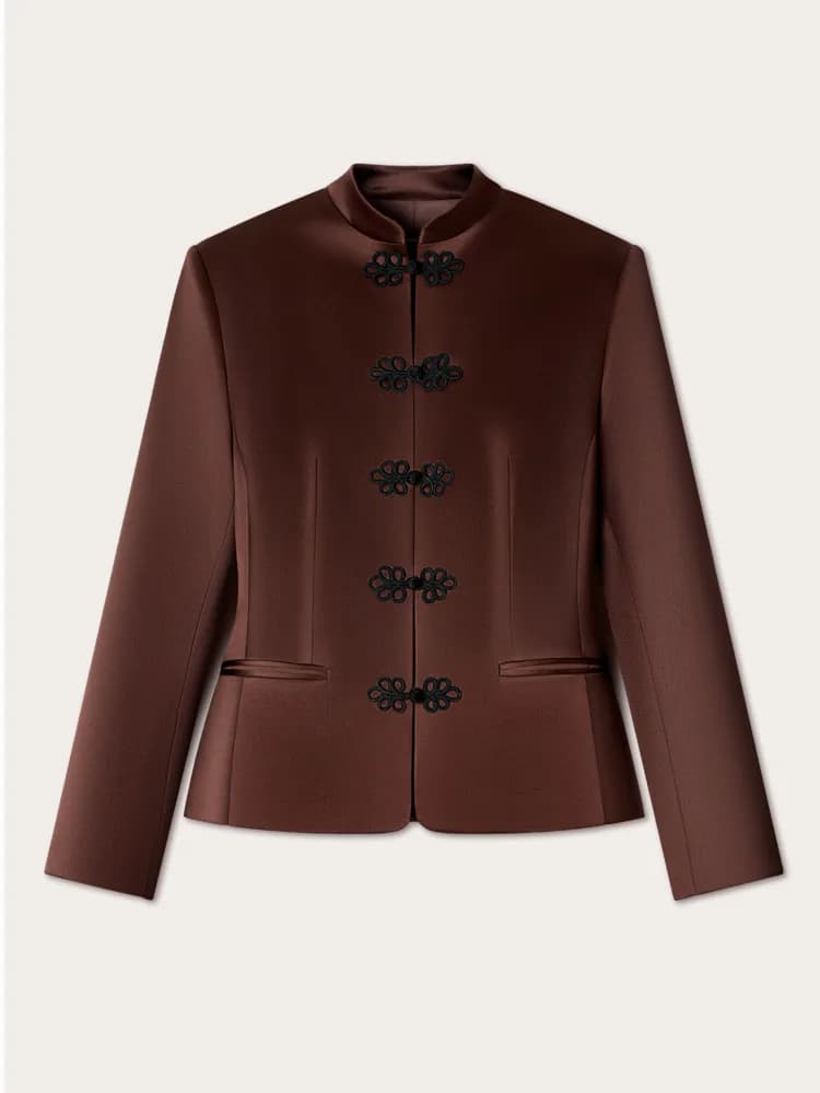 Blazer chic et décontracté pour femme DFDG, col mandarin en satin, bouton noué, printemps-été 2026, 