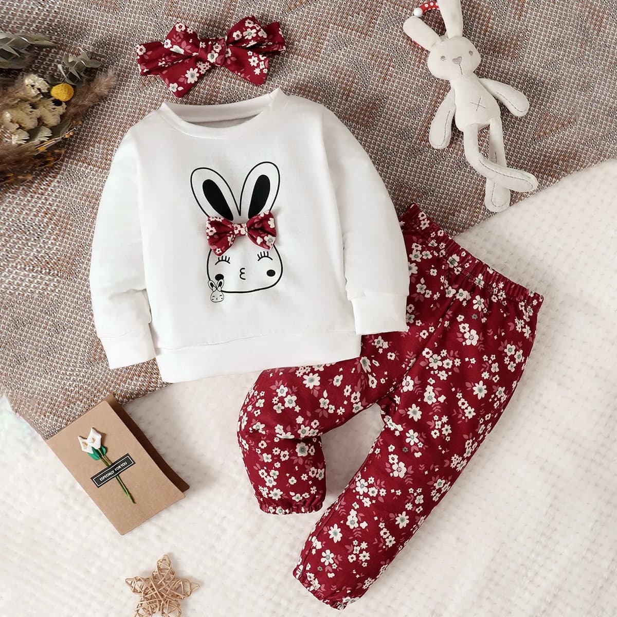 Pull et pantalon et bandeau pour bébé fille, imprimé lapin, avec nœud sur le devant, imprimé Floral,