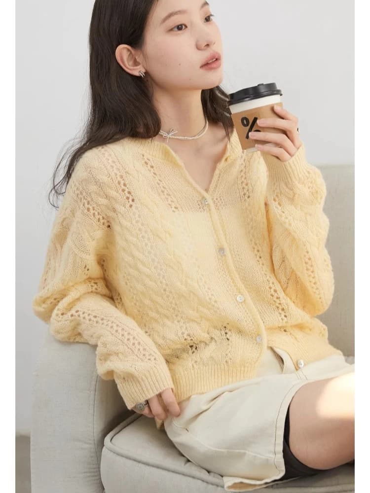 CHIC VEN femme Cardigan ample décontracté Mohair creux tricoté chandails femme court pulls printemps