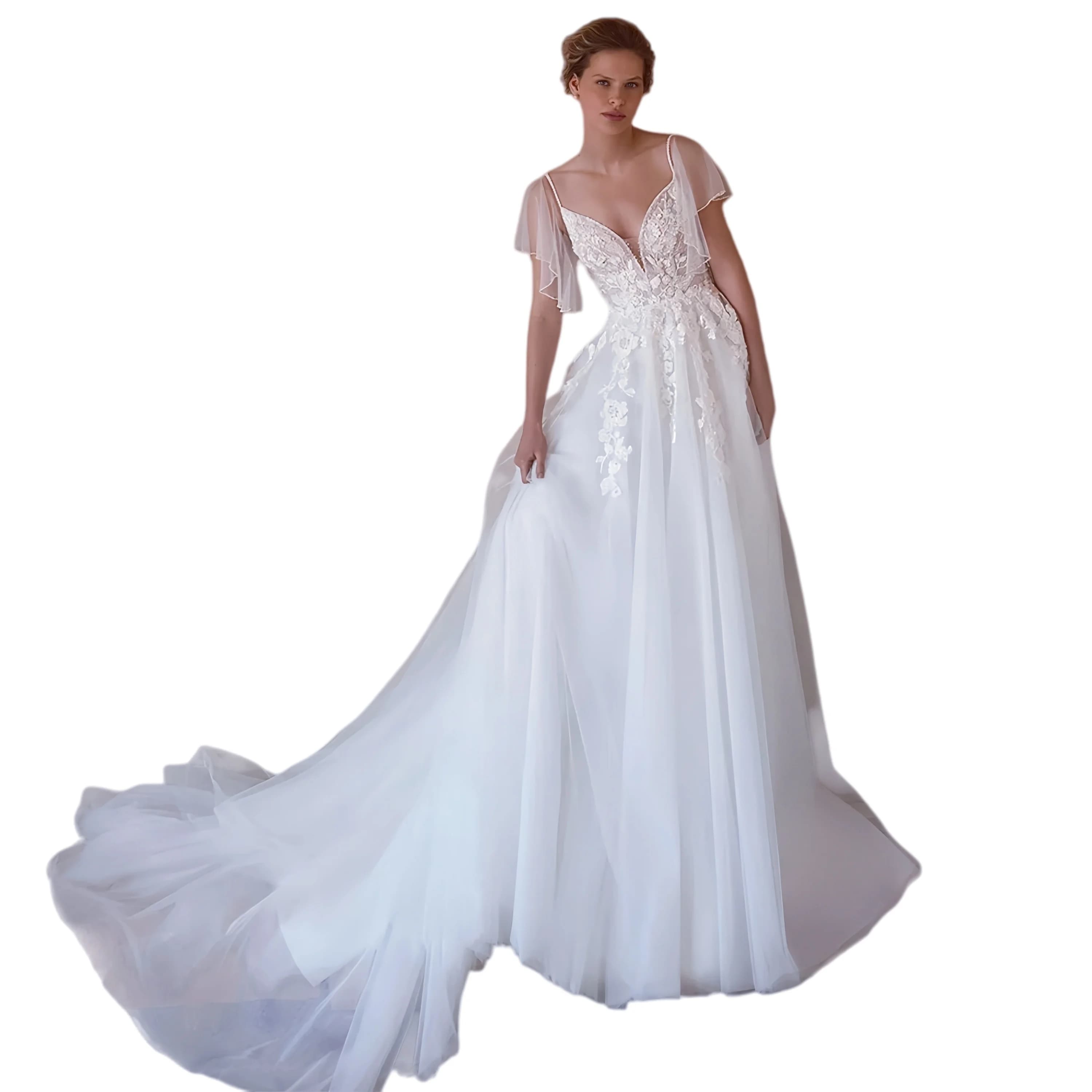Robe de mariée pour femme, personnalisée, avec manches chauve-souris, perles, sequins, appliques et 