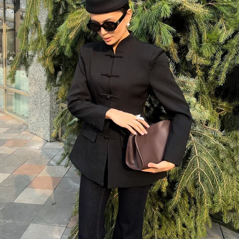 Blazer pour femme BJTZ à col mandarin, manches longues, boutons grenouillère, coupe ajustée, veste d