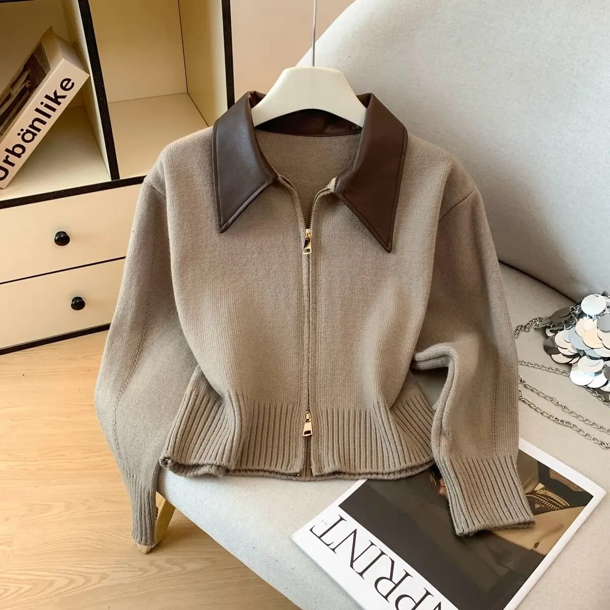 Cardigan en cuir à col zippé pour femme, veste courte en tricot avec fermeture éclair bidirectionnel