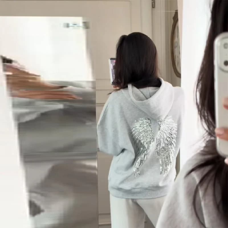 Veste à capuche à sequins brillants pour femmes, ailes d'ange, pantalon, manches longues, ample, déc