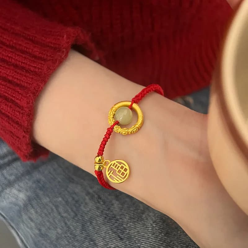 Bracelet en or 18 carats pour femmes, corde rouge, tempérament Simple, tissé à la main, perles de Tr