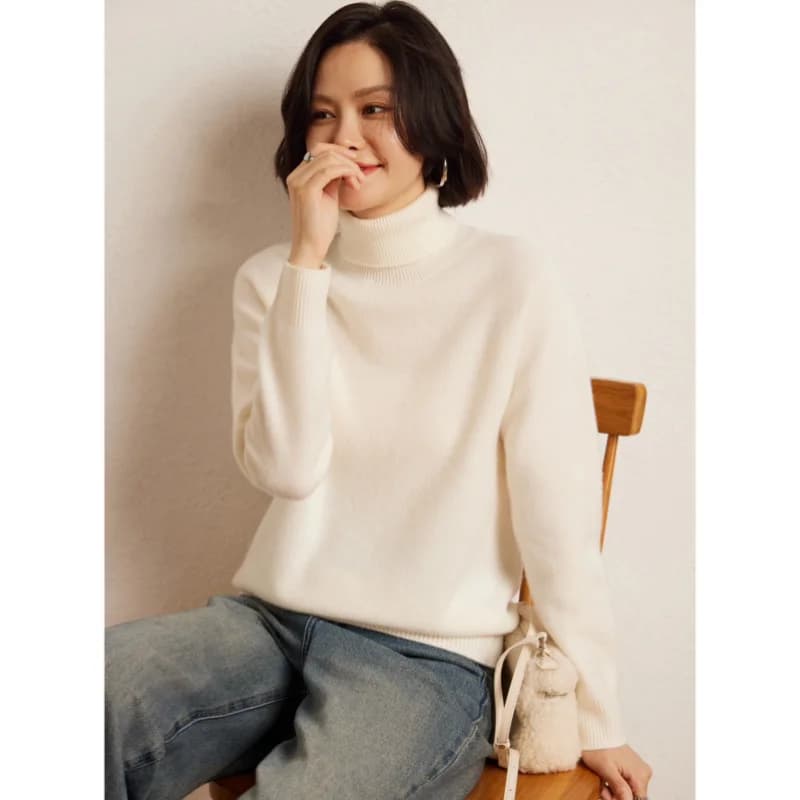 Pull à col haut en laine Pure mérinos pour femme, manches longues, couleur unie, tricot basique, cha