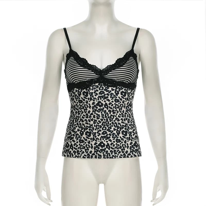 SUCHCUTE imprimé léopard mince Sexy Camisole Y2K Vintage 2000s dentelle Patchwork col en V Spaghetti