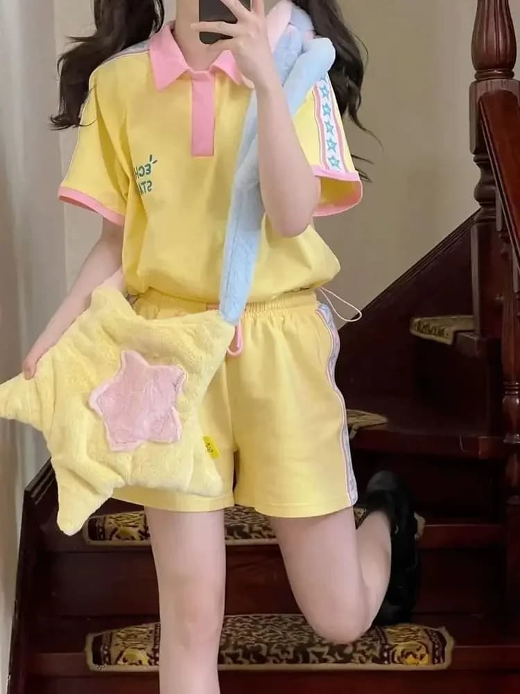 Ensembles courts brodés jaunes pour femmes, doux, épissé, col polo, manches longues, taille haute, s