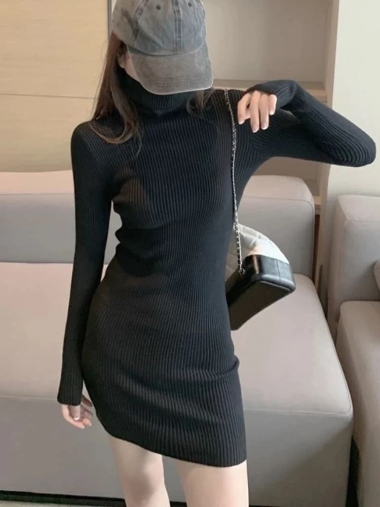 Robe élégante à col roulé pour femmes, élastique, manches longues, au-dessus du genou, robes de base