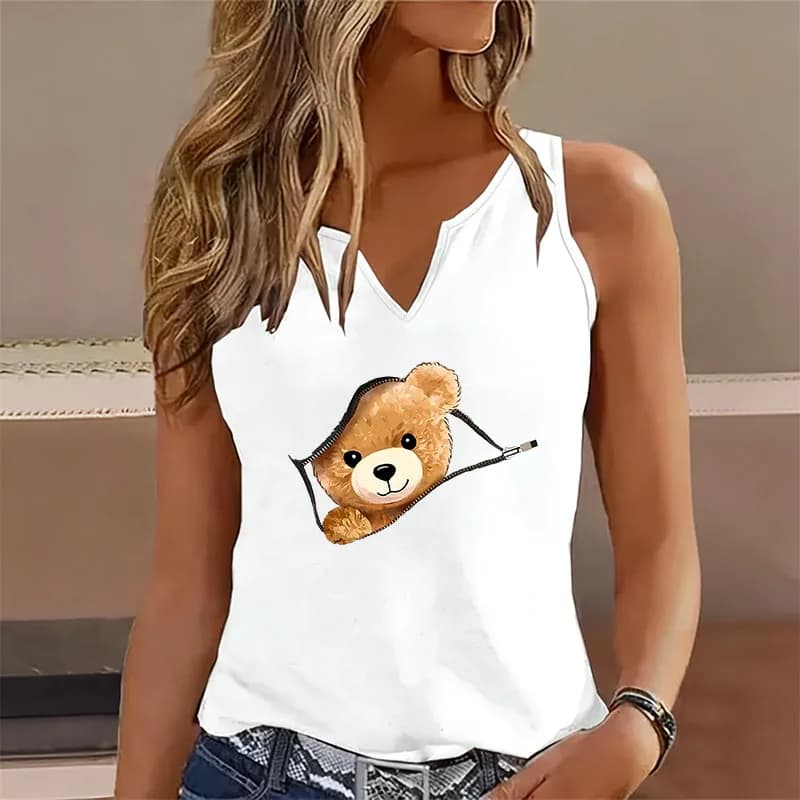 T-shirt débardeur à col en V pour femme, motif ours de dessin animé des années 90, style décontracté