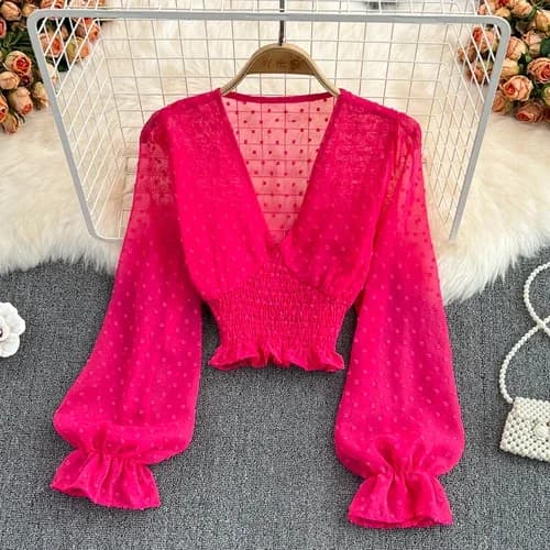Blusas femme à manches longues haut court Blouses femmes Blusa Feminina à pois col en V Blouse femme
