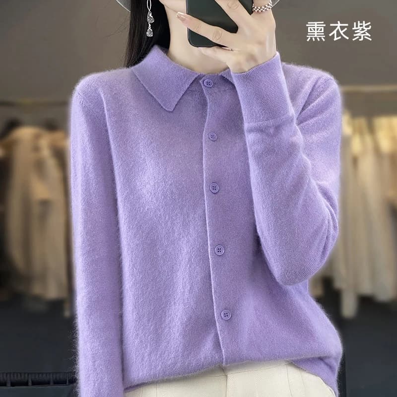 Cardigan en cachemire de vison pour femme, pull à col polo, optique de document solide, chaud, autom