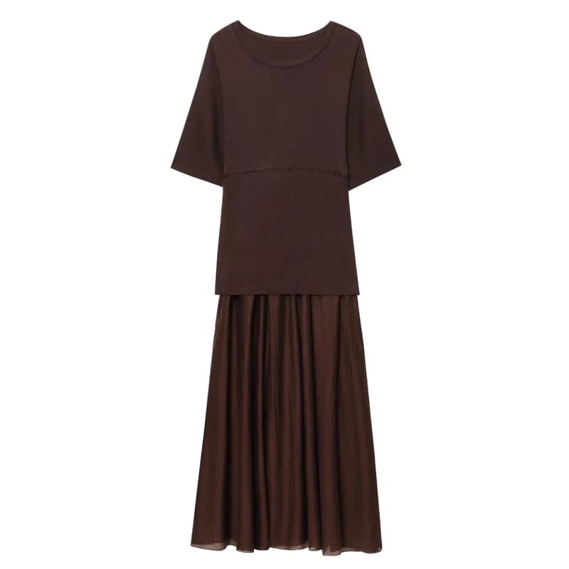 Robes longues plissées marron en maille pour femmes, robe maxi à manches courtes, nouvelle collectio