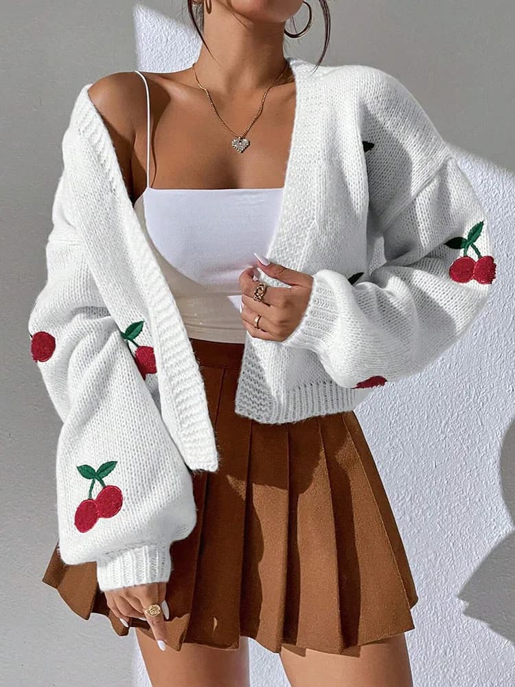 Cardigan tendance à épaules tombantes avec motif brodé cerise, pull de navetteur, veste ample pour f